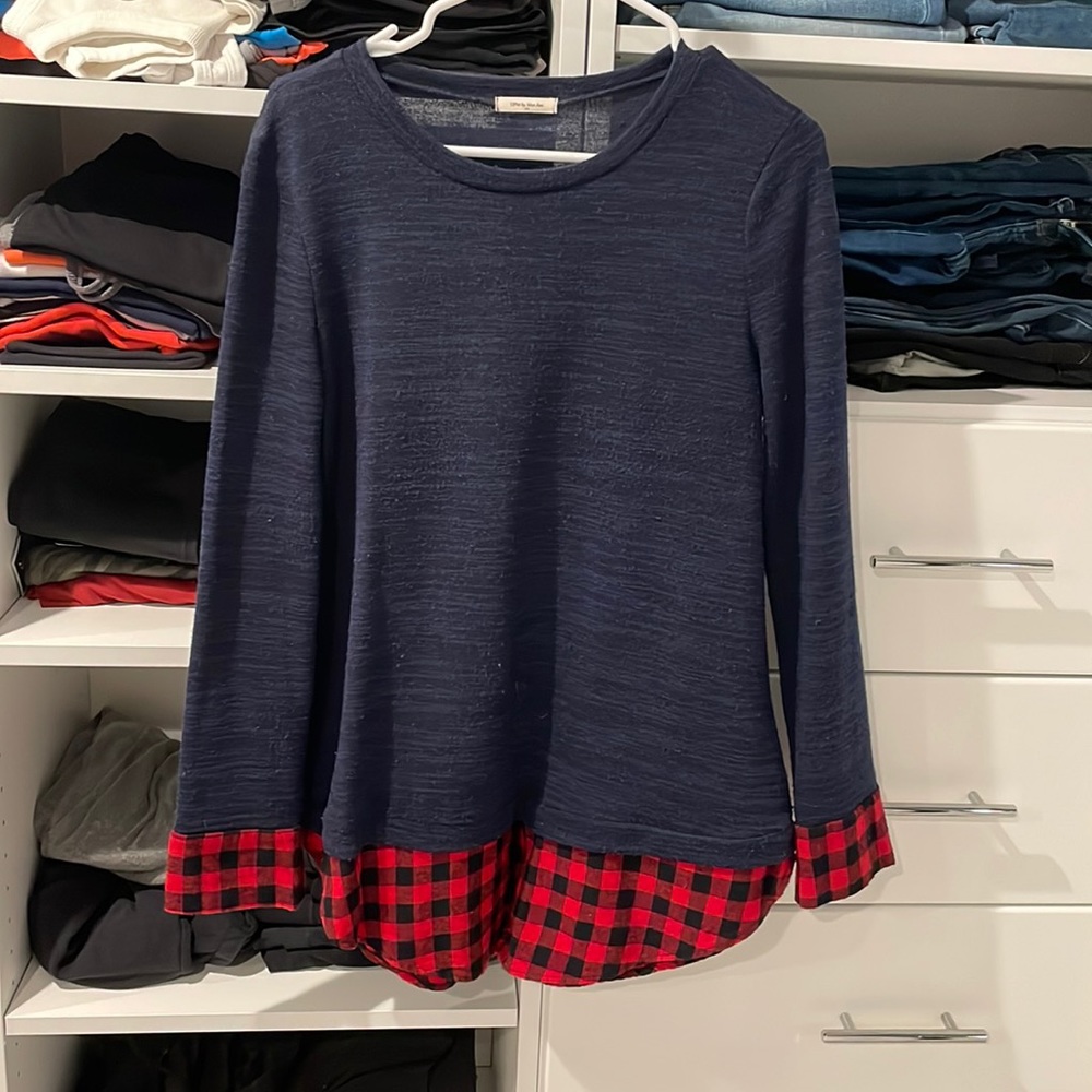 Blue top with buffalo print on bottom